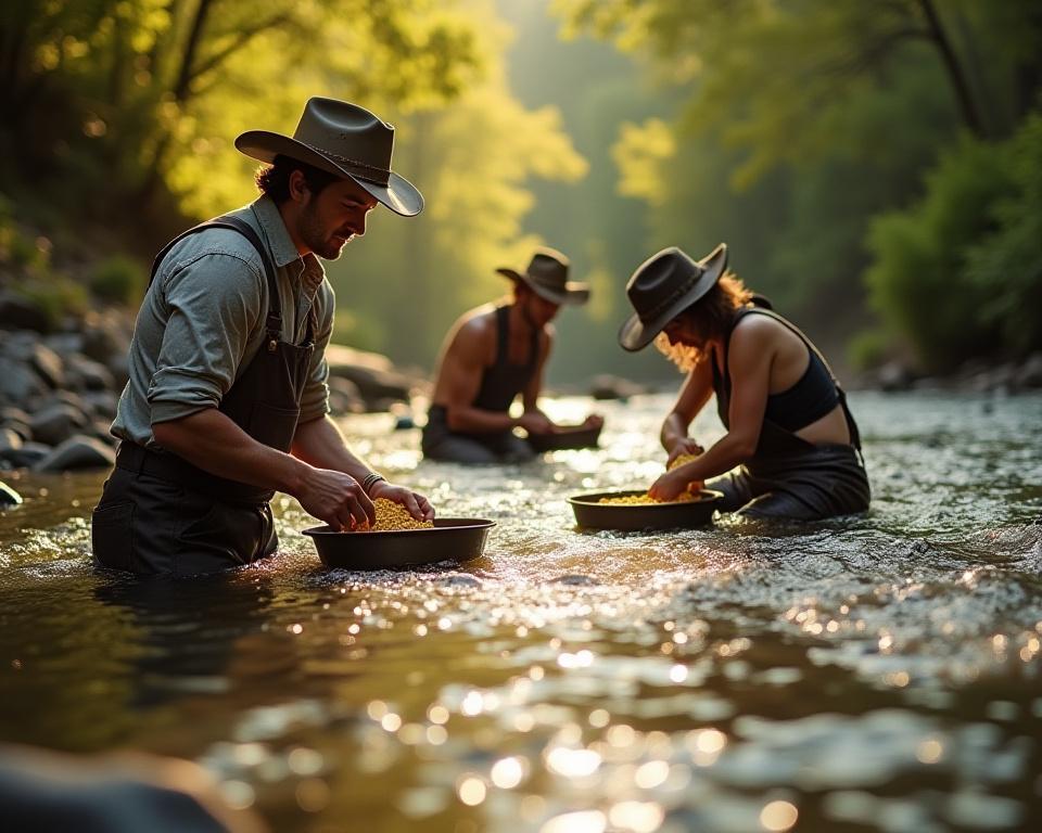 Goldwaschen in historischer Flusslandschaft